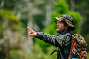 Experienced Explorer Pointing Out Directions in Lush Green Wilderness Banner