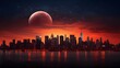 New York City skyline panorama over Hudson River at sunset with moon