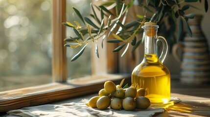 Wall Mural - The green olives and olive oil with simple clear background. Generated by artificial intelligence.