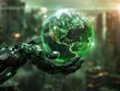 A futuristic robot holding a glowing green globe, symbolizing technology's role in global sustainability