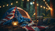 Fourth of July camping trip flat lay with a tent marshmallow roasting sticks and a lantern.