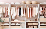 Fototapeta Mapy - white, beige and pink clothes lay on shelves and hang on wooden