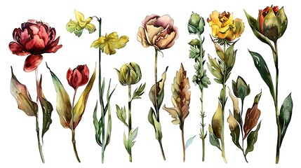 Sticker - Set of floral watercolor elements. Generative Ai