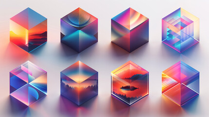 Vibrant geometric cubes with mirrored landscapes and gradients.