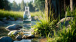 A glass bottle of clean water placed next to nature. Mineral bottle with blurred green natural background. water, pure, mineral, plastic, bottle, clean, background
