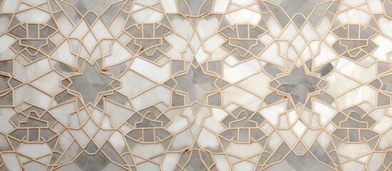 Sticker - A closeup of a beige tile with a geometric pattern, featuring symmetry and circles. The flooring is made of natural materials like glass and metal, resembling a work of art on the ceiling