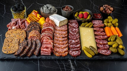 Sticker -  a platter of meats, cheeses, crackers, pickles, and fruit on a table.