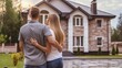 Couple in front of their new house. They are looking at each other and smiling. Rent and purchase of real estate concept 
