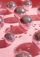 Wall Mural - background with pink disco balls.Minimal creative party concept.Flat lay,top view.Generative Ai