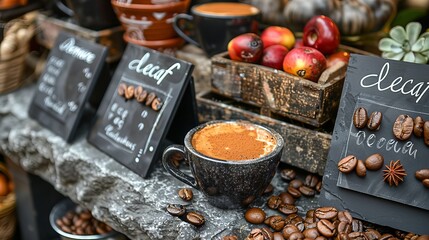 A mug of decaf coffee on a dark brown background, with 