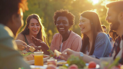 A lively multiracial group of friends sharing a meal at an outdoor picnic, their laughter and conversation captured in the golden hour light, with soft shadows enhancing the warmth