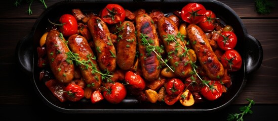 Wall Mural - A dish of sausages and tomatoes, a flavorful recipe made with natural foods. The ingredients are fresh produce cooked together in a delicious cuisine