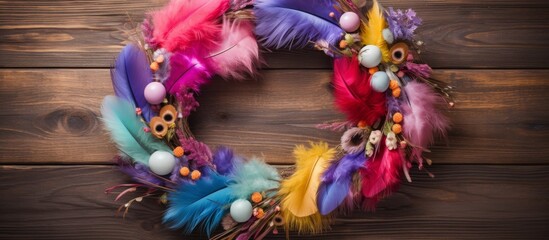 Poster - A vibrant feather wreath in shades of purple, violet, magenta, and electric blue is elegantly displayed on a wooden table, adding a pop of color to the room