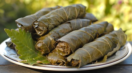 Poster -  a plate of food on a table with a leaf and a leafy plant in the middle of the plate.