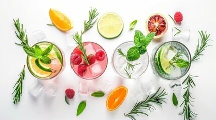 Poster -  a group of glasses filled with different types of drinks and garnished with herbs and lemons on a white background.