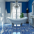 bathroom interior in a victorian architecture style ,clean modern design featuring in blue and white colors ,beautiful light