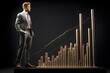 © photosaint - miniature people. figure of a businessman with a graphic indicator of sales growth and income of business production. building