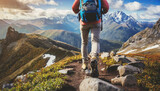 Fototapeta  - A person is walking on a mountain trail with a pair of blue and white hiking poles. The trail is surrounded by lush green grass and wildflowers, creating a serene and picturesque landscape