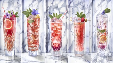 Poster -  a set of four tall glass vases filled with different types of drinks and garnished with leaves and flowers.