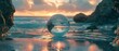 Glass ball mirroring the same seaside scene in the background in its inside. Symbol of joy of embracing sun, sea, and vacation while cherishing memories in our hearts, reminding us to live in present.