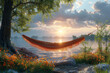 A serene lakeside retreat with a hammock swaying gently in the breeze, offering a tranquil escape for relaxation and contemplation. Concept of lakeside serenity. Generative Ai.