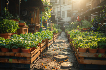 Poster - A DIY home gardening project with recycled containers, promoting sustainability and self-sufficiency in urban environments. Concept of eco-friendly gardening. Generative Ai.