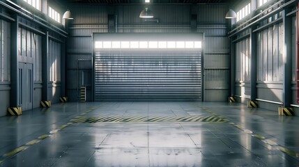 Poster - Generative AI : Factory or warehouse or industrial building. Protection with roller door or roller shutter. 