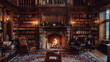 Traditional library with wood paneling and a cozy fireplace.