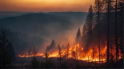 Fiery wildfire engulfing forest or urban area