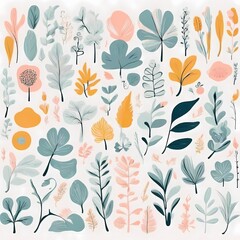 A collection of seamless pattern, colorful abstract plants and flowers. Hand drawn Collection of leaves and flowers. A close up of a pattern of flowers and leaves.
