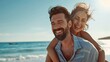© The Little Hut - Generative AI : Man giving his smiling wife a piggy back at the beach on a sunny day