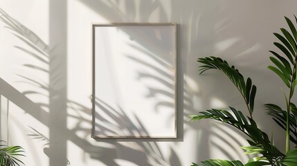 Aufkleber - Generative AI : simple minimalist frame mockup poster hanging on the white wall with plant frame mockup poster. wall background 