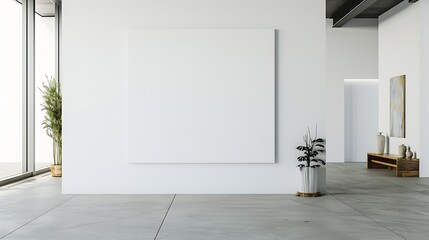 Poster - Generative AI : A large blank white painting on the wall in a minimalist room is a striking visual element.
