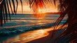 Generative AI : Beautiful sunset beach landscape, golden sun glow reflection, summer holidays vacation