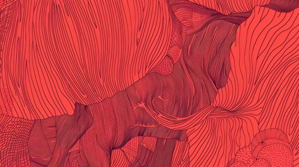   a drawing of a woman's face on a red background with a pattern of wavy lines and wavy shapes.