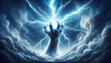 Fototapeta Sport - Hand holding up a lightning bolt. Energy and power. Stormy background. Blue glow. Zeus, thor.
