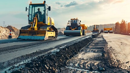 Generative AI : Repair of the old and construction of a new asphalt road. The excavators, graders and road rollers working