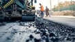 Generative AI : Construction site is laying new asphalt road pavement,road construction workers and road construction 