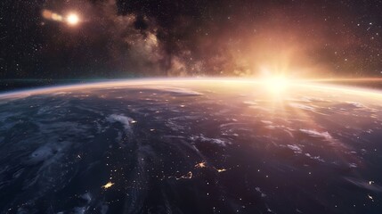 Poster - Generative AI : Panoramic view of the Earth, sun, star and galaxy. Sunrise over planet Earth, view from space.
