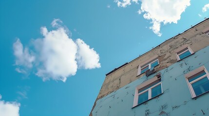 Aufkleber - Generative AI : Building wall outside and windows against blue sky white clouds on daylight in city or town