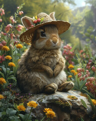 Bunny in a straw hat sits outdoors among the grass. Bunny for Easter designs and decorations. Easter Bunny. Symbol of Easter day. Cute rabbit