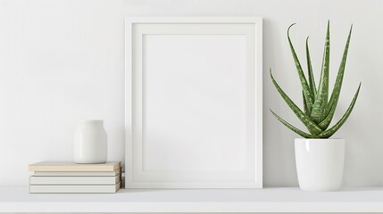 Poster - Generative AI : Mock up white frame and aloe vera plant on book shelf or desk. White colors.