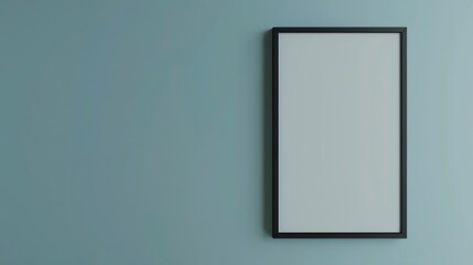 Poster - Generative AI : blank frame on light blue wall mock up, vertical black poster frame on wall