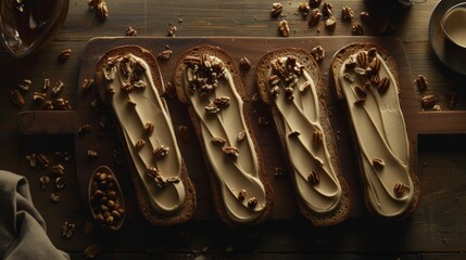 Sticker -  a wooden table topped with slices of bread covered in frosting and walnuts next to a cup of coffee.