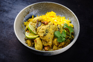 Wall Mural - Traditional spicy Indian chicken Madras curry with chicken breast, cashew nuts and saffron rice served as top view in a Nordic design plate with copy space