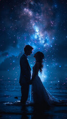 Wall Mural - wedding in a starry night, bride and groom. ai generative