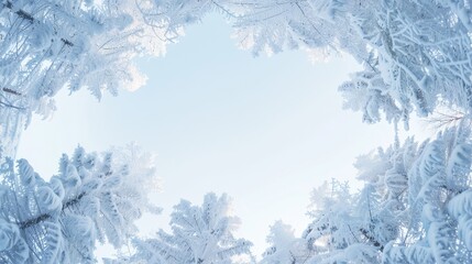 Poster -  a view looking up into the sky through the branches of a snow - covered pine tree, with a blue sky in the background.