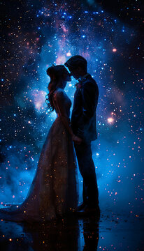 wedding in a starry night, bride and groom. ai generative