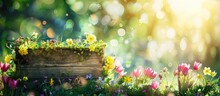 A Cheerful And Vibrant Spring Backdrop For Easter, Featuring A Seasonal Greeting Written On A Weathered Wooden Sign In A Picturesque Countryside Setting With Lush Greenery And Blooming Flowers,