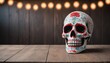 Empty Wooden Table With A Blurred Day Of The Dead Skull Backdrop.